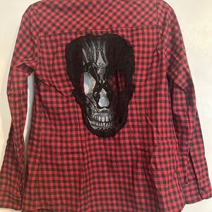 Hot Topic Mesh Lace Skeleton Head Long Sleeve Flannel Shirt Women's Size Small